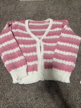 SHEIN Pink and Cream Striped V-Neck Cardigan